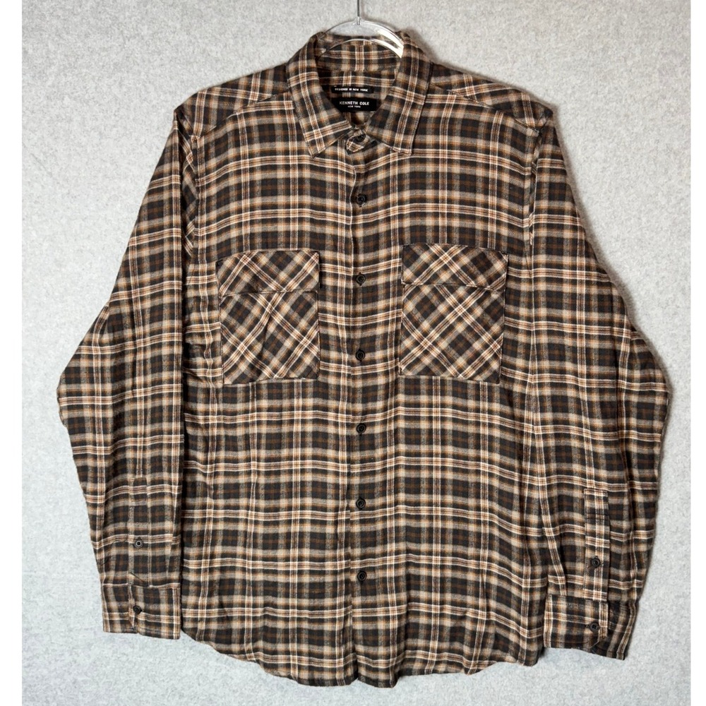Kenneth Cole‎ Flannel Shirt Mens Medium Plaid Button Up Long Sleeve Slim Fit
